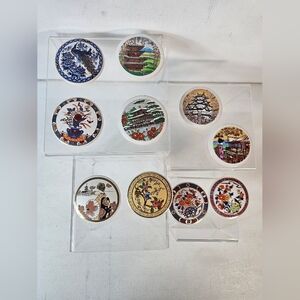 Vintage Japanese Porcelain Ceramic Magnets Set (10) | Imari Style Peacock Pagoda